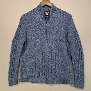 LL Bean Zip Cardigan Cable Knit Fisherman Sweater Large Blue Marled Cotton